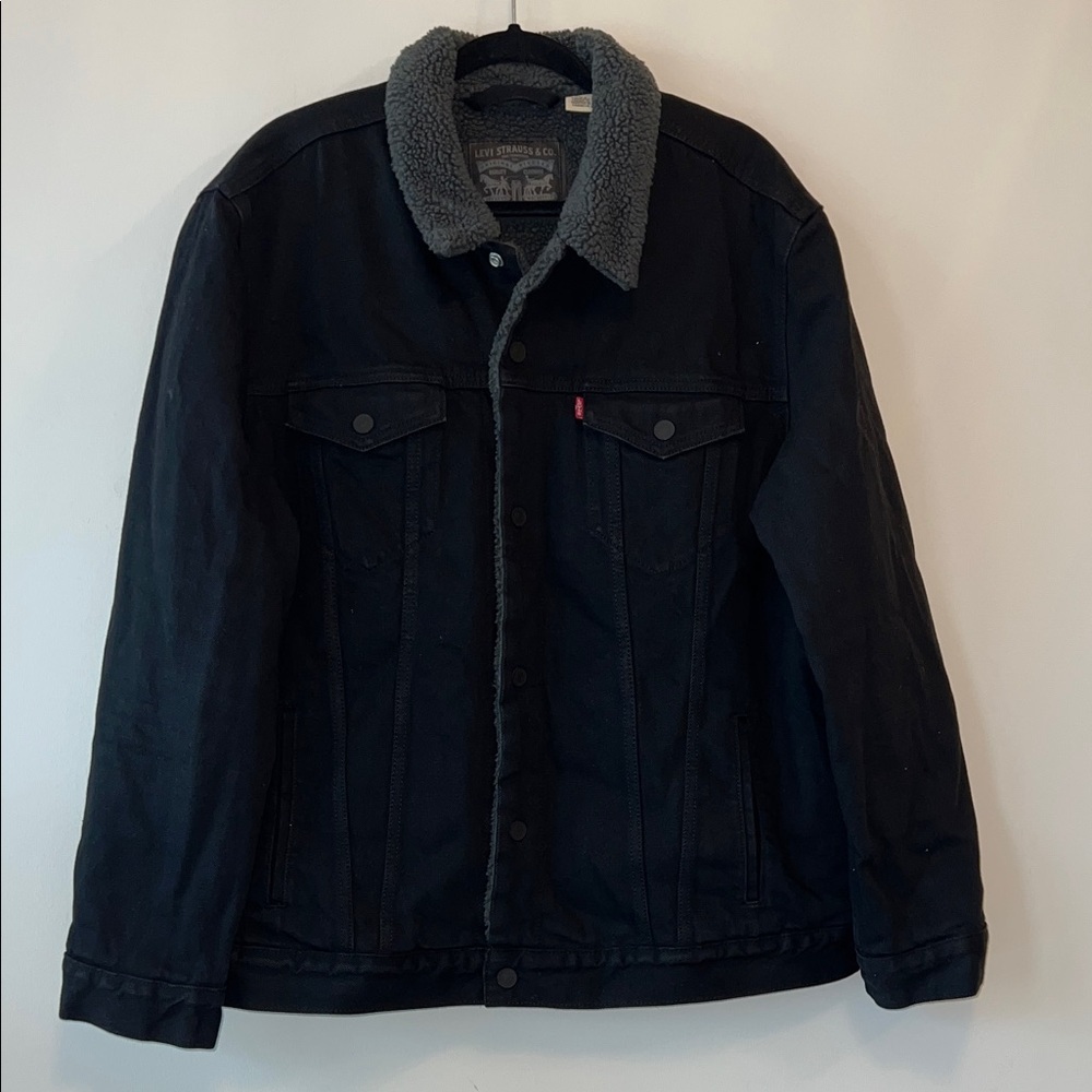 Levi's Black Denim Jacket with Gray Sherpa Collar and Lining